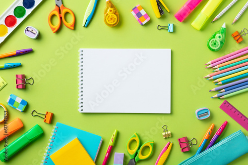 Back to school concept. Blank paper notepad mockup with school supplies on green background.