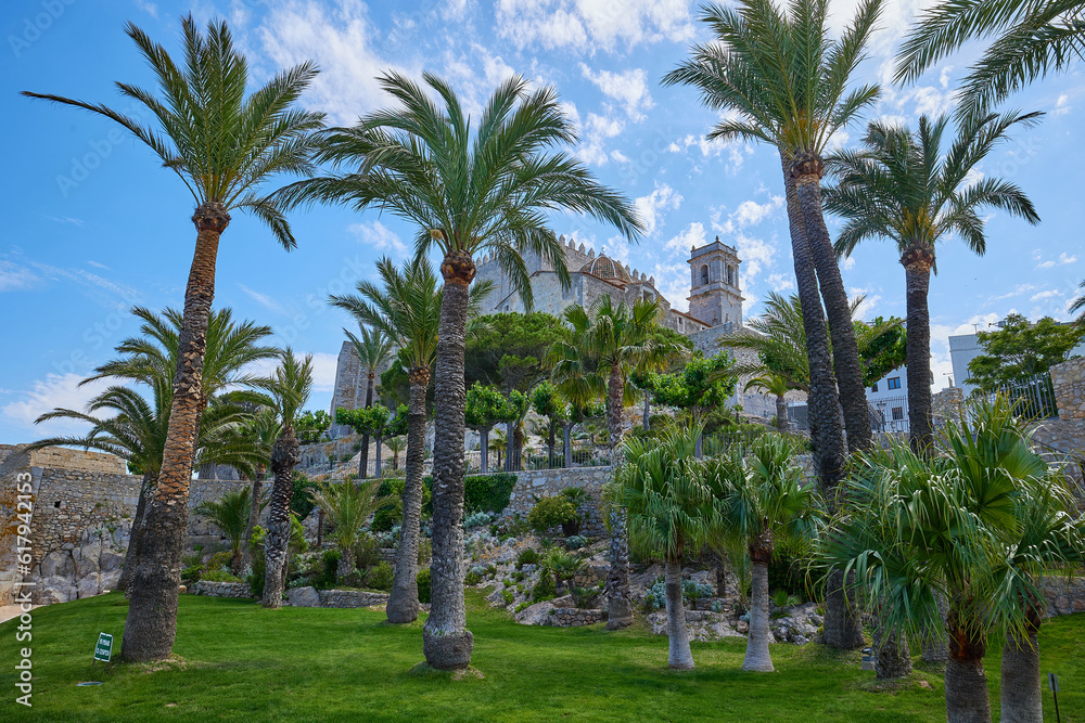 View of Peniscola Castle from the beautiful garden at the foot of the castle. View of Peniscola Castle from the beautiful garden at the foot of the castle.