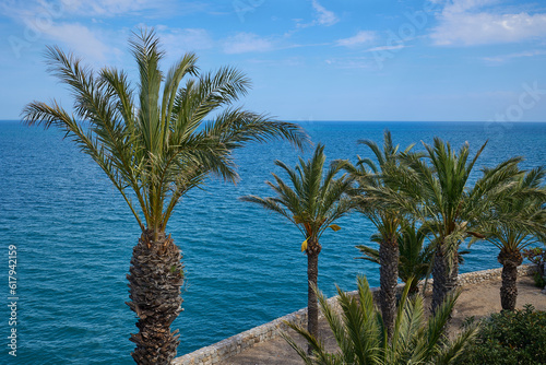 View of the Mediterranean Sea from the garden in the medieval castle of Peniscula.