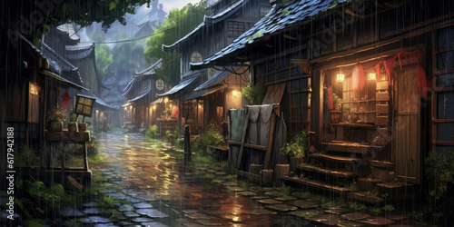classic old village during rain anime style background