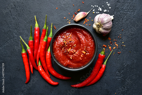 Fototapeta Naklejka Na Ścianę i Meble -  Spicy asian dip harissa with roasted red pepper and garlic.Top view with copy space.