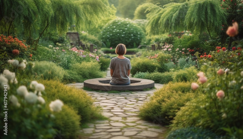 Serene people meditating in tranquil green garden  surrounded by nature generated by AI