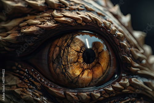 Fantasy close up of dragon eye. Magical animal. Macro shot of creature. Generative AI illustration © barmaleeva