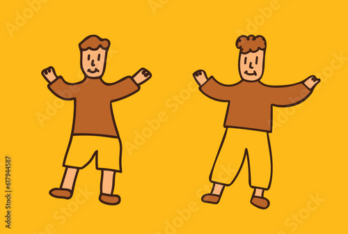 Set of happy children in cartoon doodle style. Playful funny kids in hand drawn trendy cartoon style. Childish cute stickers in brown, orange or yellow colors (Full Vector)