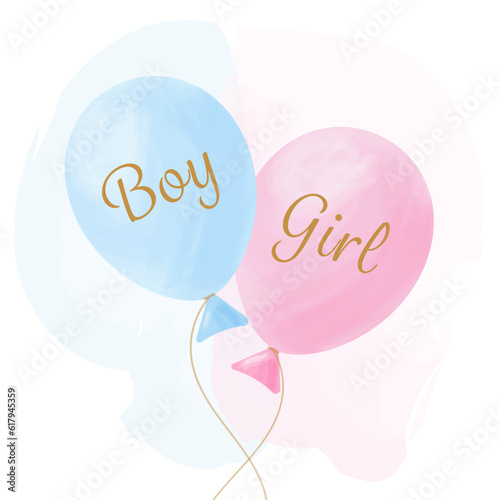 Gender reveal banner with blue and pink watercolor balloons. Boy or girl. He or She. Vector illustration	