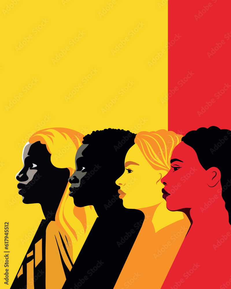 Vector flat creative vertical banner space for text International Women's Day women of different cultures and nationalities stand side by side together. the concept of the movement for gender equalit Vector flat creative vertical banner space for text International Women's Day women of different cultures and nationalities stand side by side together. the concept of the movement for gender equalit