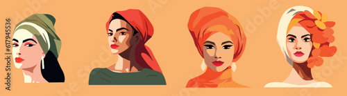 Vector flat illustration of a woman of different cultures and nationalities. Vector concept of a woman in a turban shawl headdress. Social media avatar icons icons
