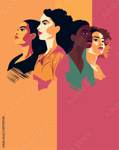 Vector flat postcard vertical banner poster space for text for International Women's Day strong women of different cultures and nationalities stand side by side together. Vector concept 