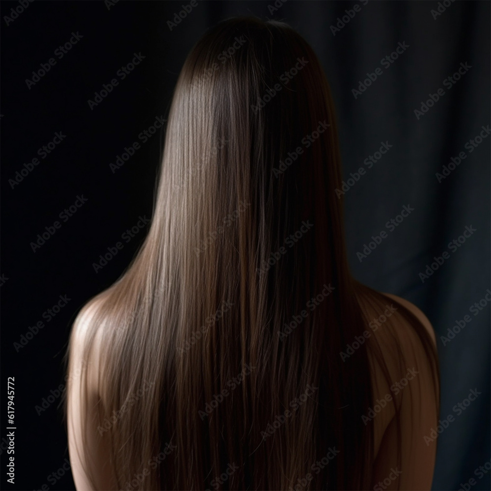 Naklejka premium young woman with dark and straight hair on a dark background.back view. Social media content for beauty salons. Generative AI
