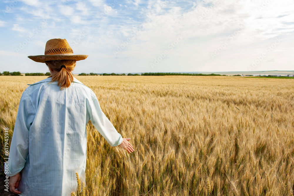A young woman in a straw hat walks in a wheat field. Back view.
