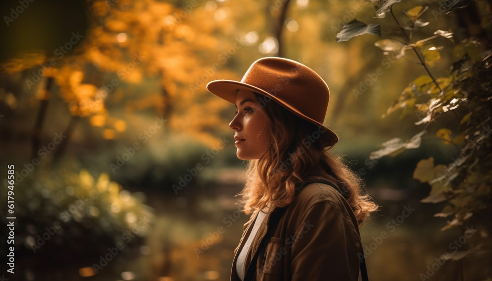 Young adult woman enjoys autumn outdoors in tranquil forest scene generated by AI