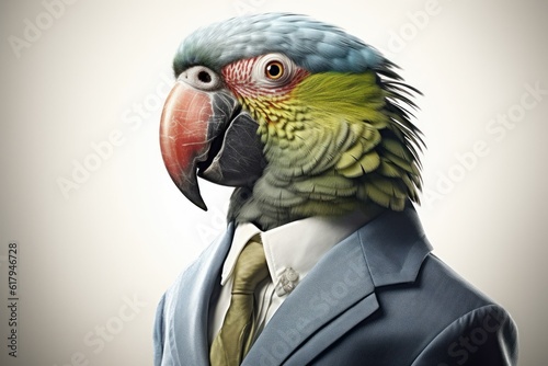 Anthropomorphic parrot dressed in a suit like a businessman. Business Concept. AI generated, human enhanced photo