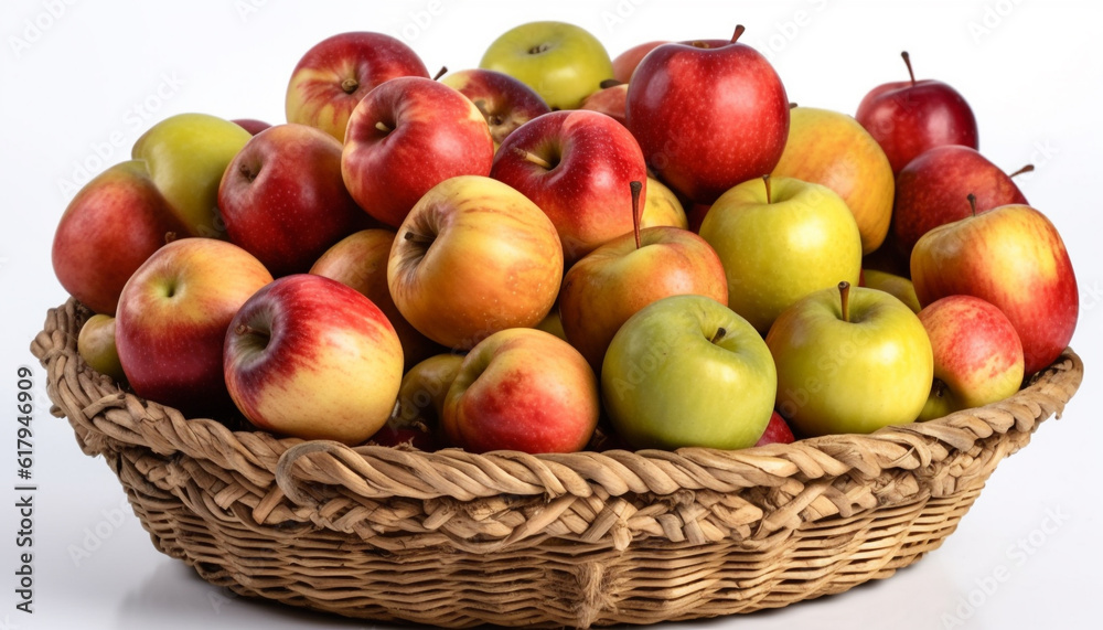 Fresh organic fruit basket with ripe yellow apples and vegetables generated by AI Fresh organic fruit basket with ripe yellow apples and vegetables generated by AI
