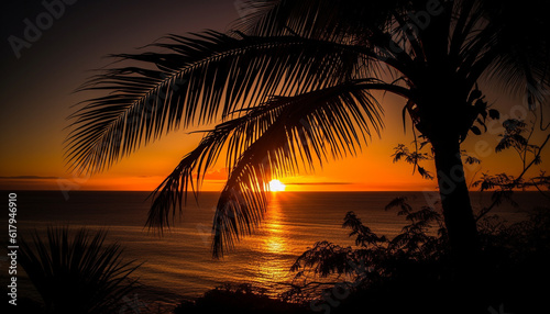 Silhouette of palm tree against tranquil sunset waters edge generated by AI