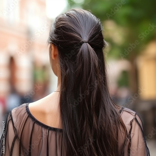 young woman with dark and straight hair on the street on a sunny day. back view. Generative AI