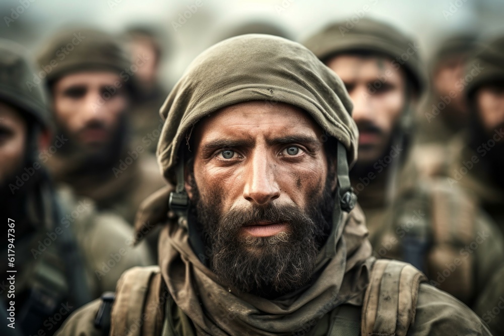 Portrait of a soldier from the Middle East with selective focus. AI generated, human enhanced