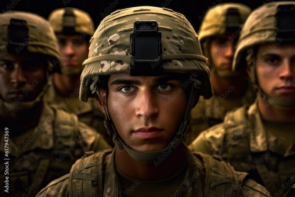 Portrait of an American soldier in the ranks with selective focus. AI generated, human enhanced Portrait of an American soldier in the ranks with selective focus. AI generated, human enhanced