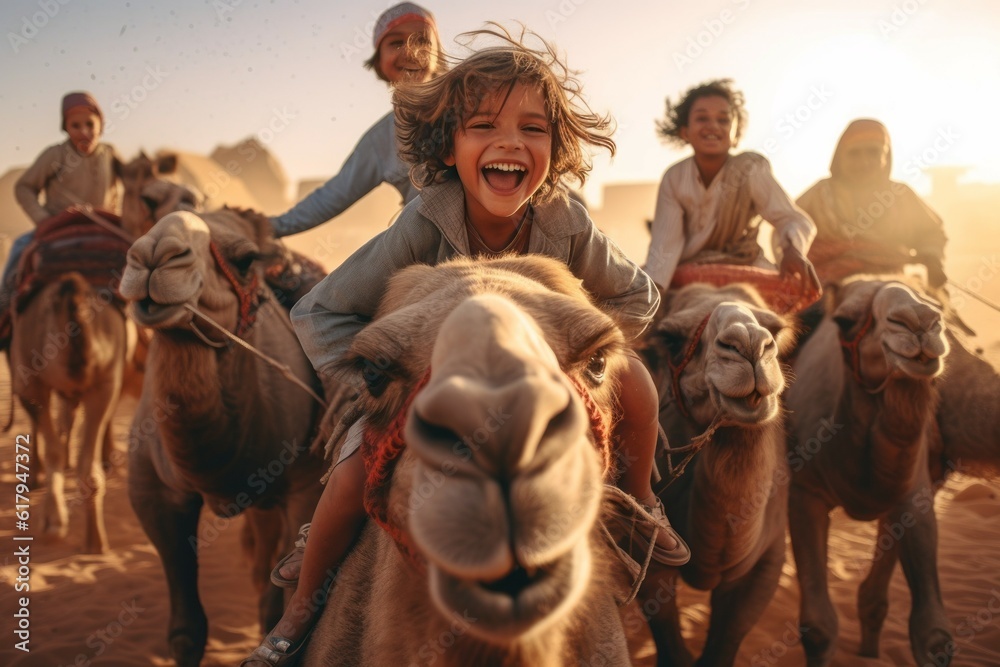 Children on camels in the desert. Background with selective focus and ...