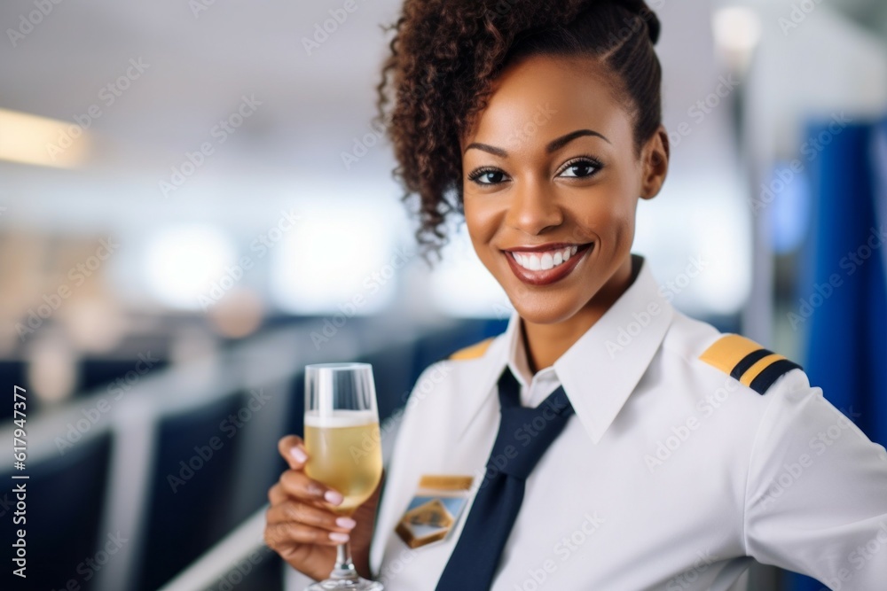 African American stewardess. Background with selective focus. AI generated, human enhanced African American stewardess. Background with selective focus. AI generated, human enhanced