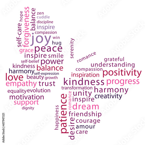 Inspirational word cloud in butterfly shape in purple, pink and red colours