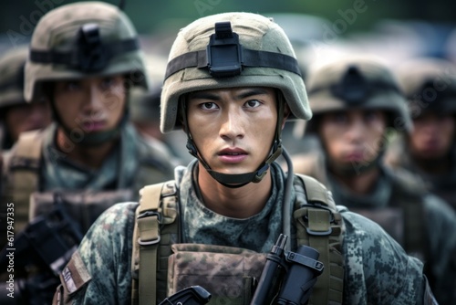 Portrait of an Asian military man in the ranks with selective focus. AI generated, human enhanced