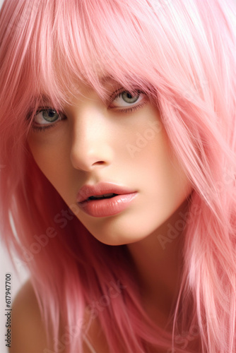 close up portrait element of young woman with perfect pink hair color. Banner or poster. Social media content for beauty salons. hair dye color in the catalog. Generative AI