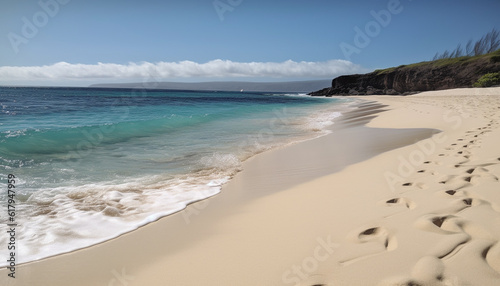 A tranquil seascape with a clear blue sky and wet sand generated by AI