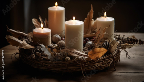 Rustic candlelight decoration symbolizes spirituality in natural still life arrangement generated by AI