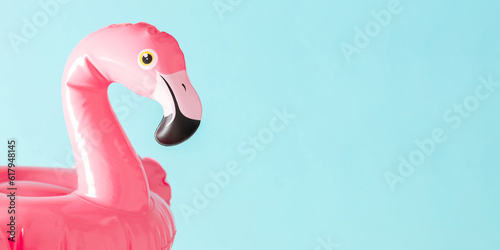 Cute inflatable pink flamingo toy. Summer beach composition. Inflatable mini flamingo on pastel blue background, pool float party, trendy summer concept. Flat lay, top view, copy space