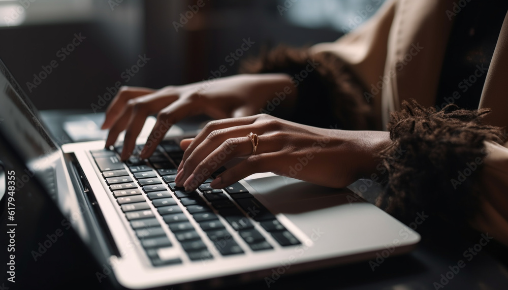 Young woman typing on laptop, working indoors, using wireless technology generated by AI Young woman typing on laptop, working indoors, using wireless technology generated by AI