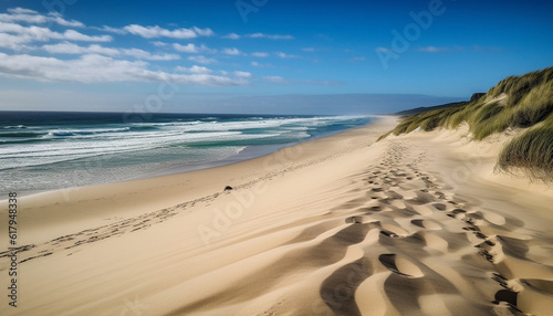 Tranquil sunset over idyllic sand dunes  rippled waters edge beauty generated by AI