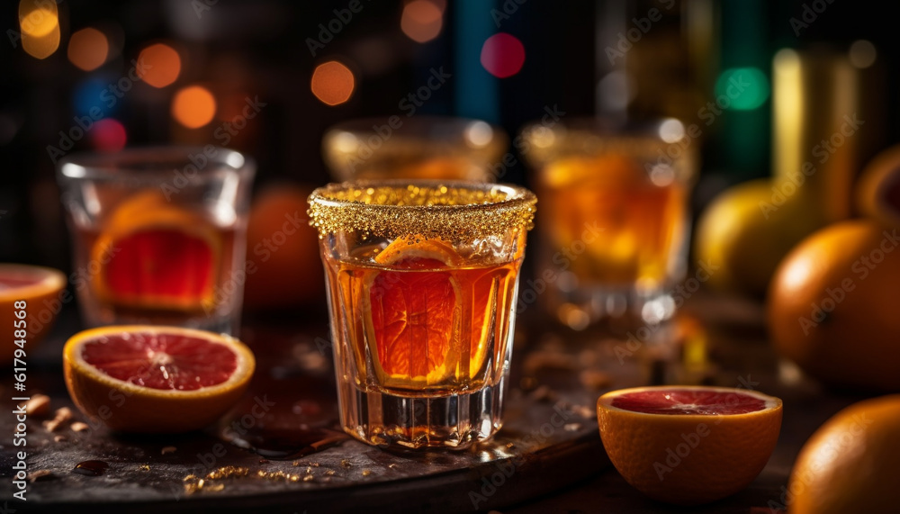 Refreshing citrus cocktail served at rustic bar counter in nightclub generated by AI Refreshing citrus cocktail served at rustic bar counter in nightclub generated by AI