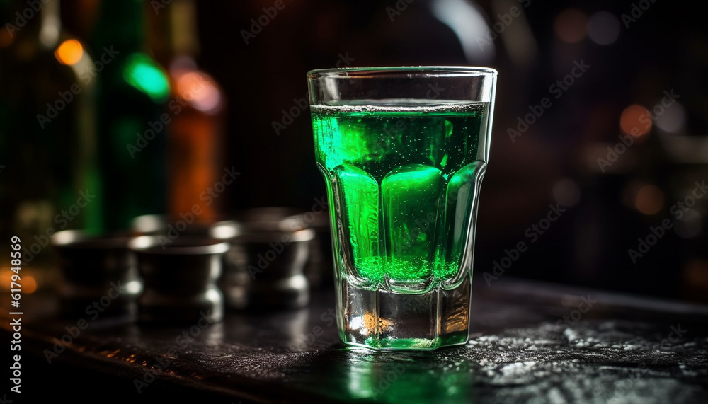 Refreshing whiskey cocktail poured over ice in green glass bottle generated by AI Refreshing whiskey cocktail poured over ice in green glass bottle generated by AI