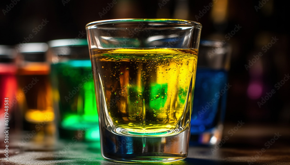Fresh beer poured into frothy pint glass at lively bar generated by AI