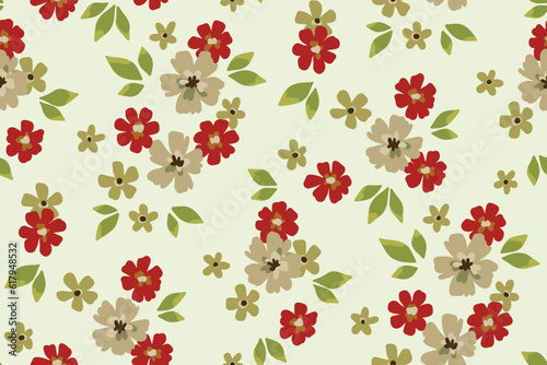 Seamless floral pattern, liberty ditsy print with mini flowers in vintage style. Botanical design, rustic style ornament: small hand drawn flowers, tiny leaves on white background. Vector illustration
