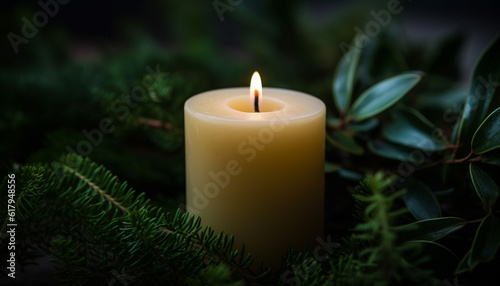 A glowing candle illuminates a green leaf in a tranquil scene generated by AI