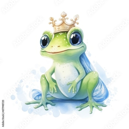 Watercolor cute princess frog. Illustration AI Generative.