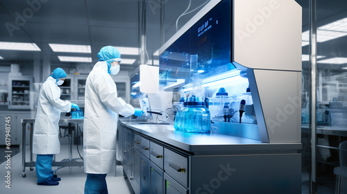 Two people in lab coats working on a project. Generative AI. Biotech  pharma cell culture laboratory  research facility.