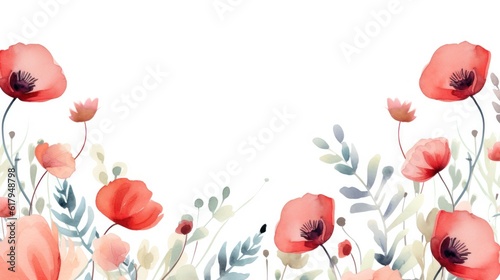 Poppy flowers watercolor border. Illustration AI Generative.