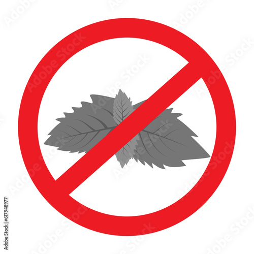 Mint leaves in grayscale under a red ban. Design for Sticker or Pointer, icon. Isolate. Vector. EPS