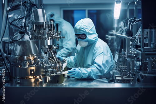 A person in a lab coat working on a machine. Generative AI. Workers in protective wear in industrial manufacturing cleanroom environment.