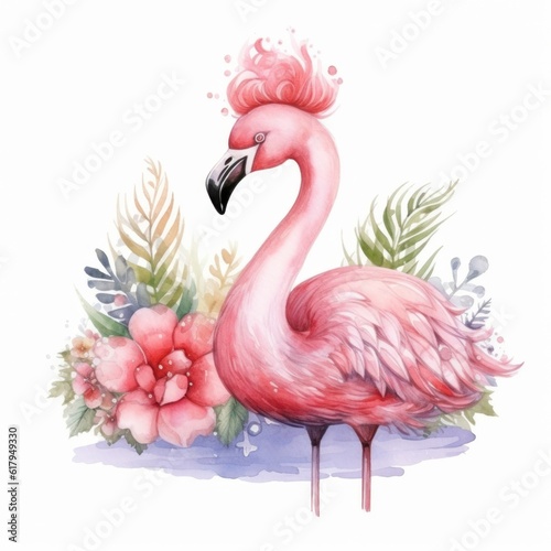 Cute watercolor flamingo princess. Illustration AI Generative