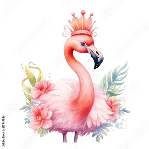 Cute watercolor flamingo princess. Illustration AI Generative