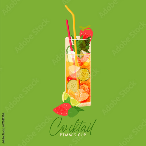 Pimm's cup cocktail with cucumber slice, strawberry, mint and ice cube isolated on green background. Summer Alcoholic drink based on citrus, cucumber, ale, liqueur and gin vector illustration