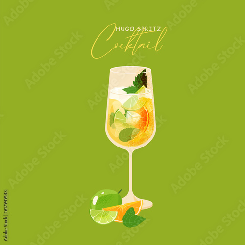 Hugo spritz cocktail with lime, orange slice and mint leaves. Summer Alcohol drink Italian aperitif with ice cubes, liqueur, prosecco and sparkling soda water. Vector Fresh beverage illustration