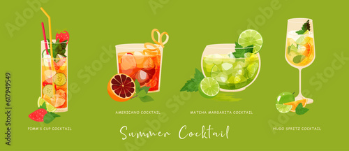 Set of four summer cocktails drinks collection. Vector illustration of refreshing beverage with ice, margarita, gin, prosecco, Matcha, vermouth, lime, orange, strawberry and cucumber