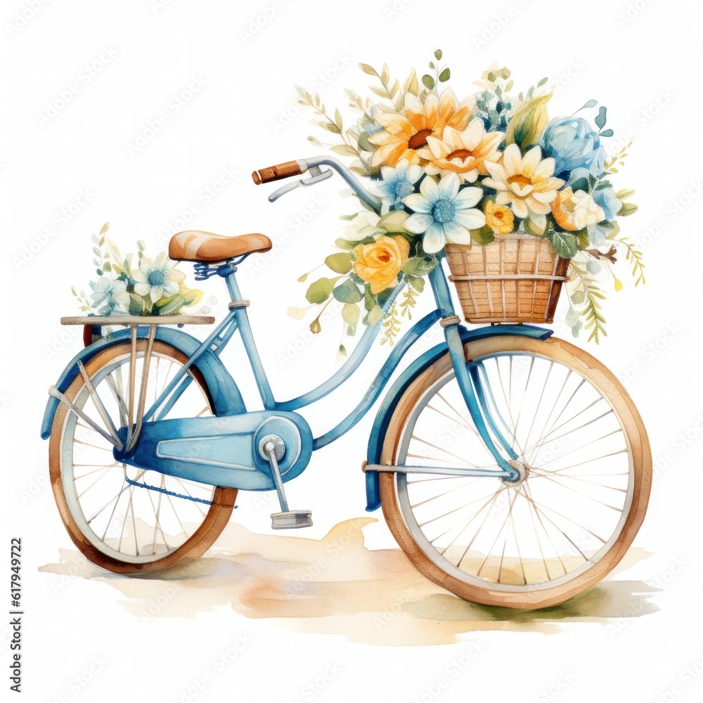 Cute watercolor bicycle with flowers. Illustration AI Generative.