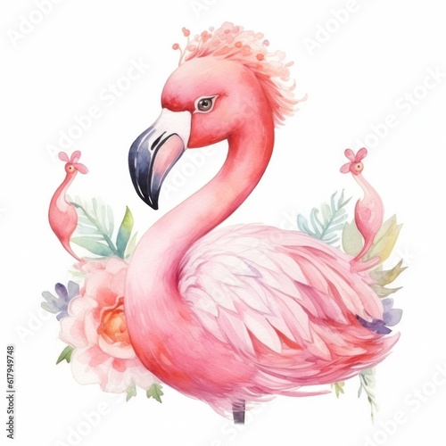 Cute watercolor flamingo princess. Illustration AI Generative
