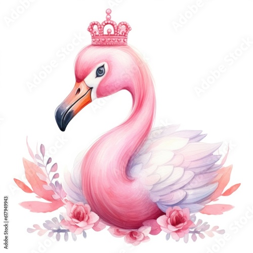Cute watercolor flamingo princess. Illustration AI Generative