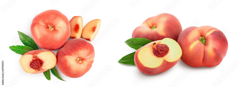 Ripe chinese flat peach fruit and half with leaf isolated on white background. Top view. Flat lay Ripe chinese flat peach fruit and half with leaf isolated on white background. Top view. Flat lay